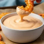 Dipping crispy golden shrimp into creamy Bang Bang Sauce in a white bowl