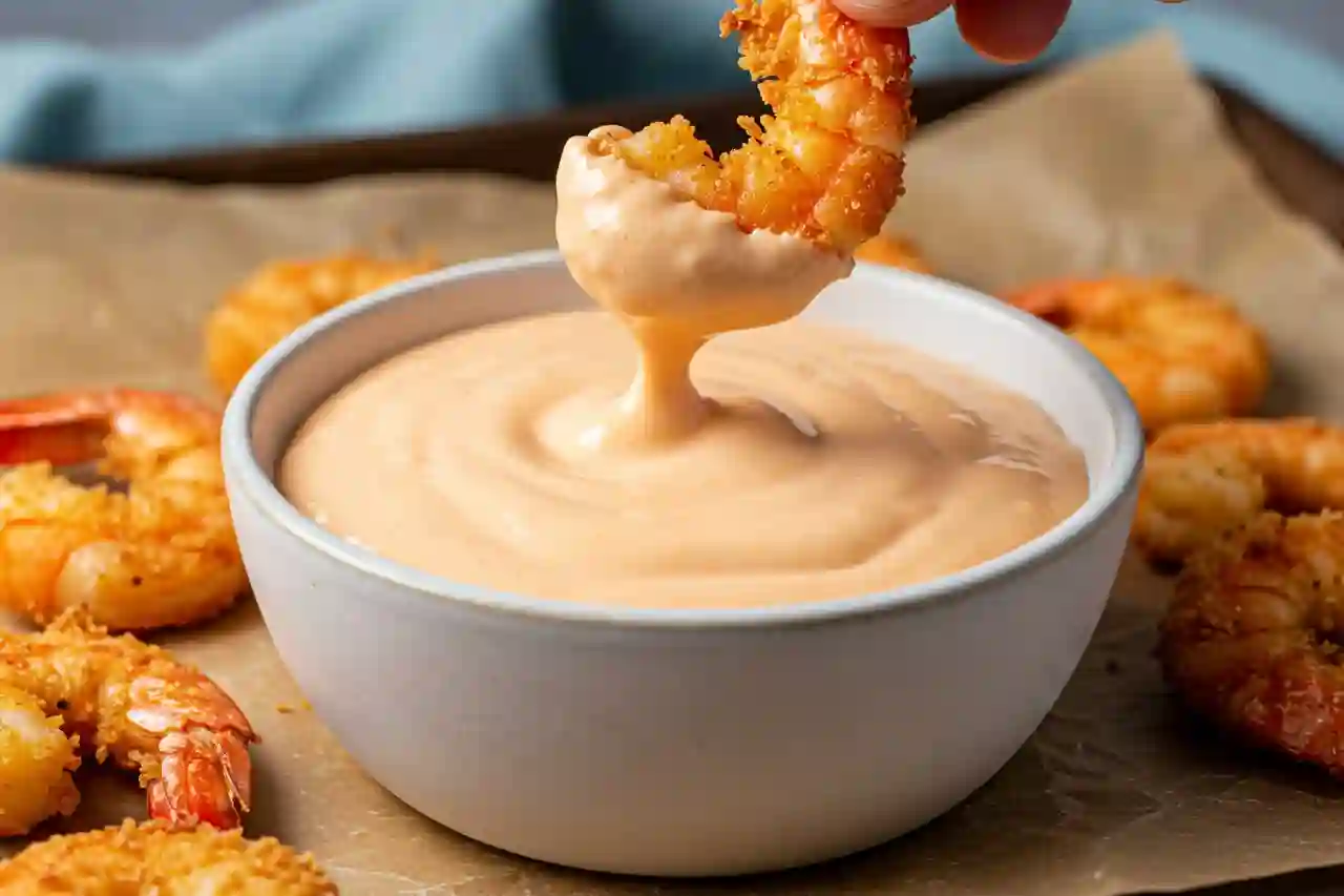 Dipping crispy golden shrimp into creamy Bang Bang Sauce in a white bowl