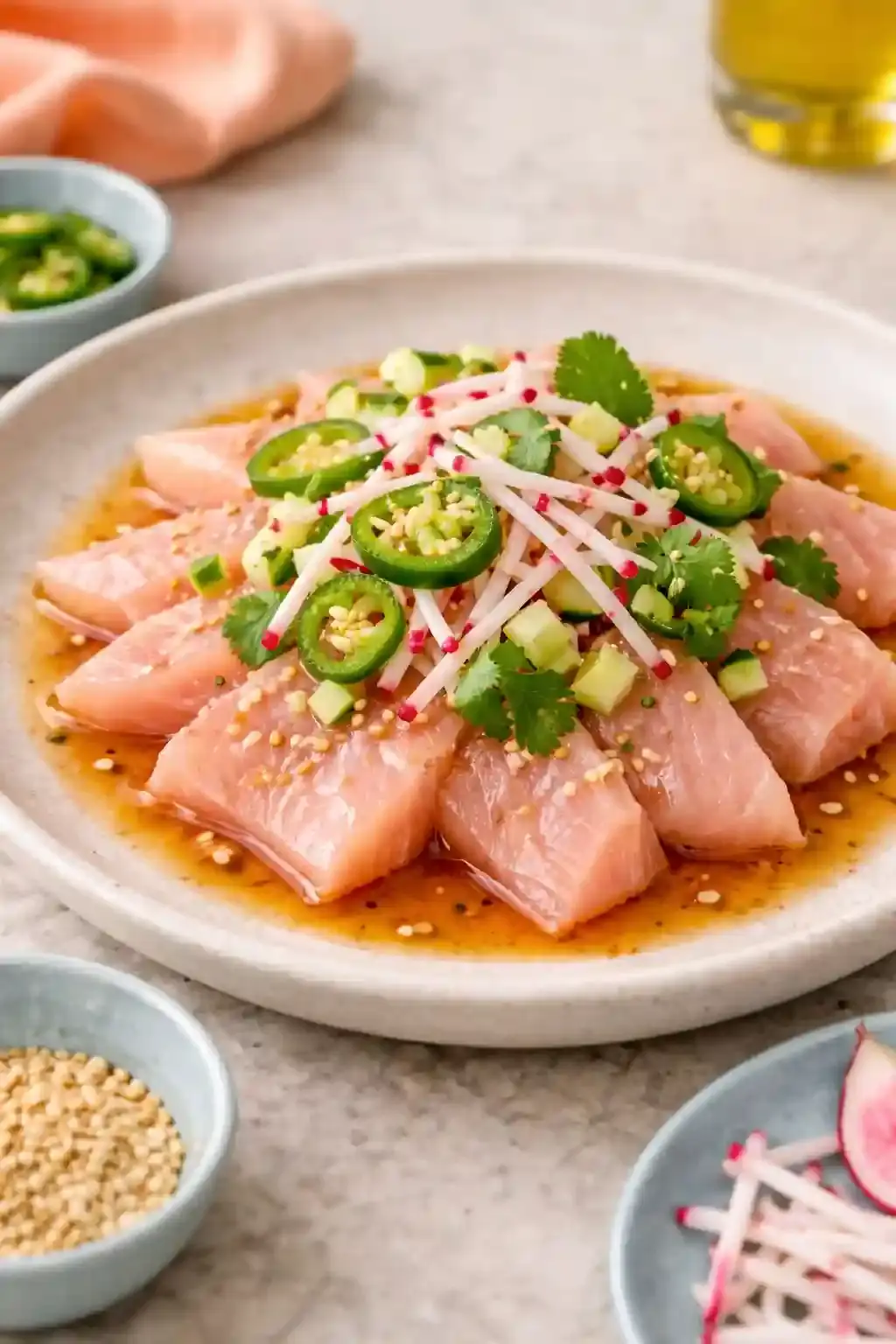 Close-up of finished hamachi crudo Close-up of hamachi crudo with yellowtail, radish, cucumber, serrano, cilantro, and sesame seeds