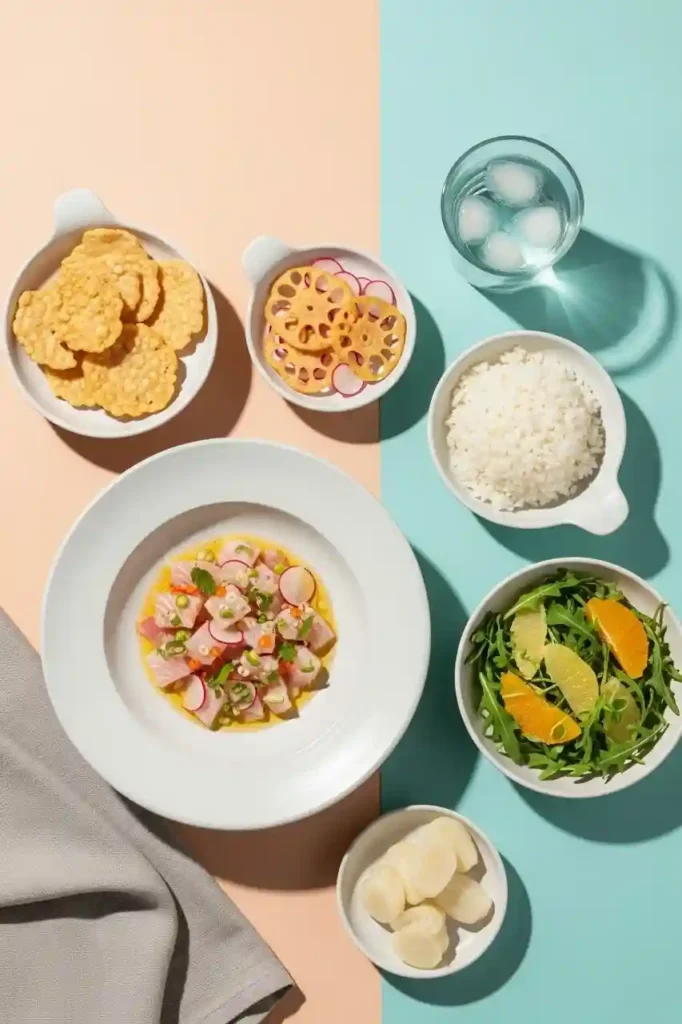 Side dishes to serve with hamachi crudo, including crackers, rice, and citrus salad