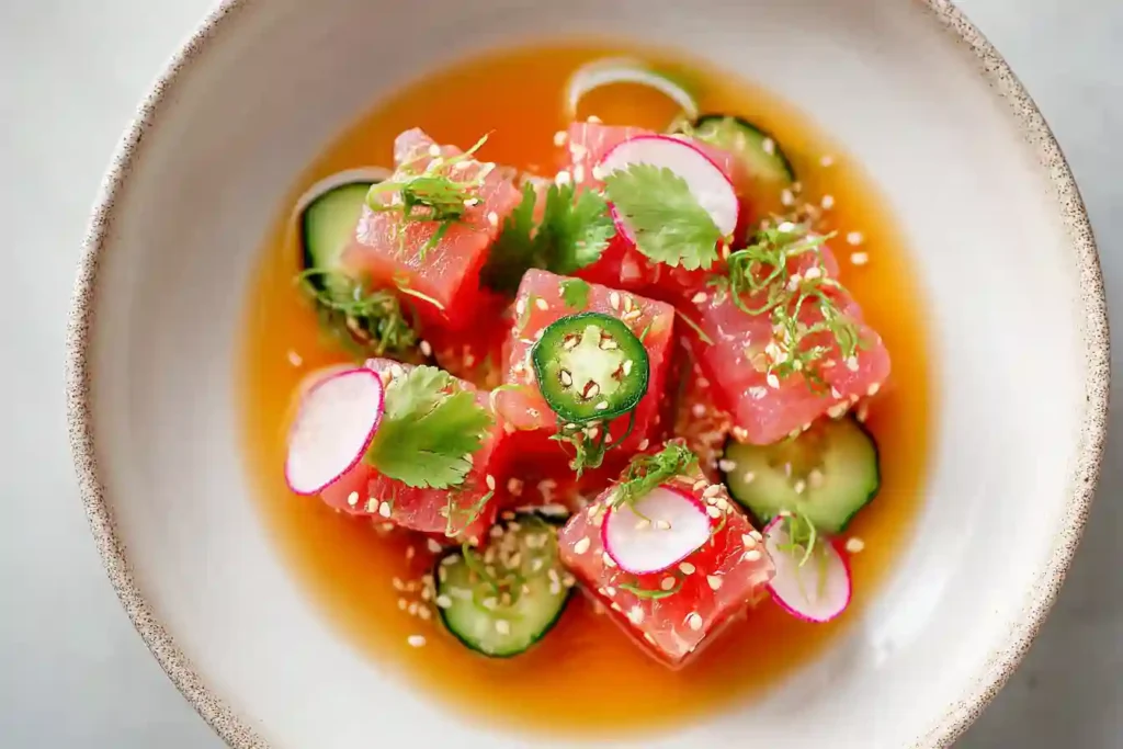 Hamachi crudo with cucumber, serrano, radish, and citrus dressing