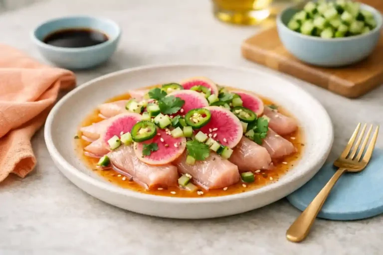 Hamachi crudo plated with thin yellowtail slices, radish, cucumber, serrano, and citrus-soy dressing