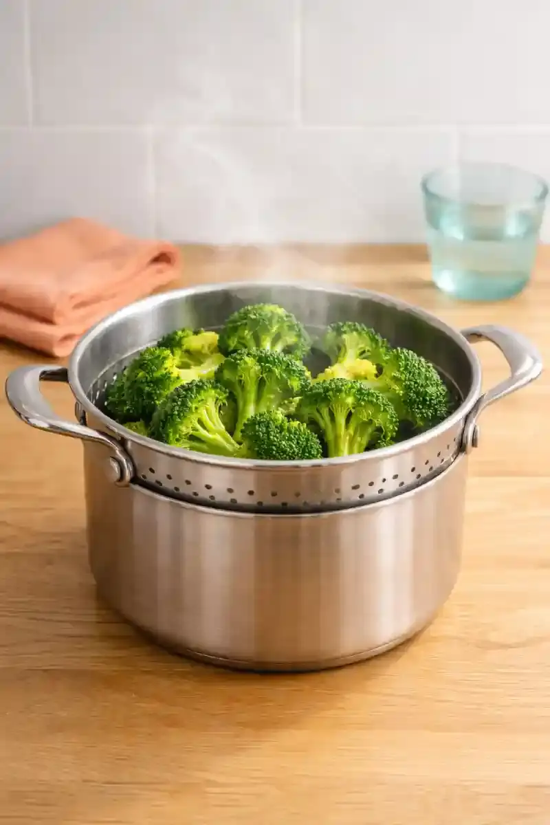 How to Steam Broccoli in a Steamer Basket Steamed broccoli cooking in a steamer basket over boiling water