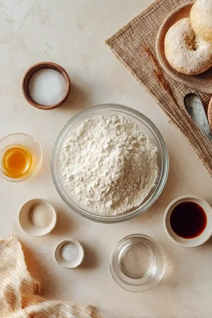 Flour, yeast, salt, sugar, and warm water prepared for a bagel recipe
