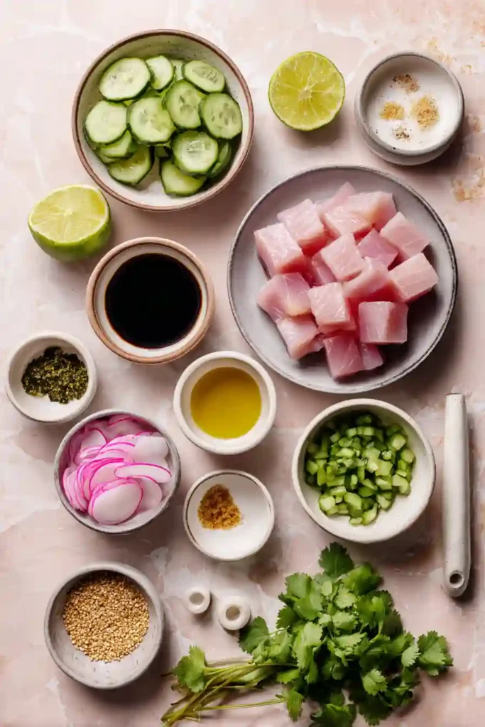 Hamachi crudo ingredients arranged on pastel yellow background
