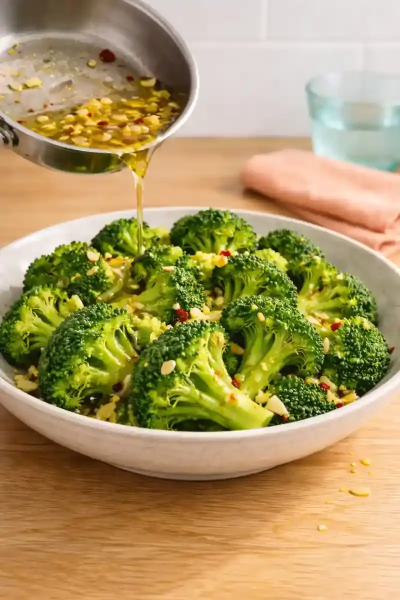 Seasoning Steamed Broccoli with Lemon and Garlic Steamed broccoli with lemon juice and garlic oil being seasoned in a bowl