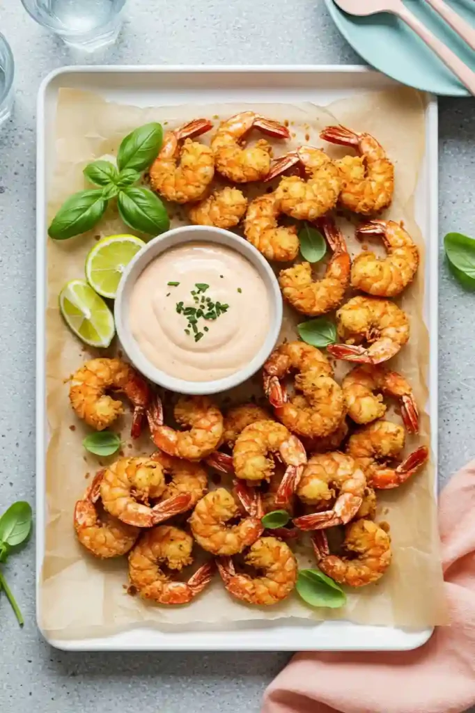 Bang Bang Sauce served with golden crispy shrimp and fresh herbs