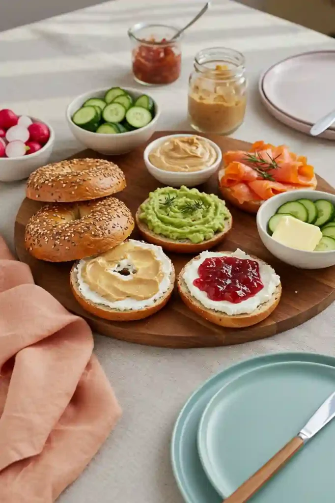 Bagel board with avocado, cream cheese, smoked salmon, peanut butter, and jam toppings