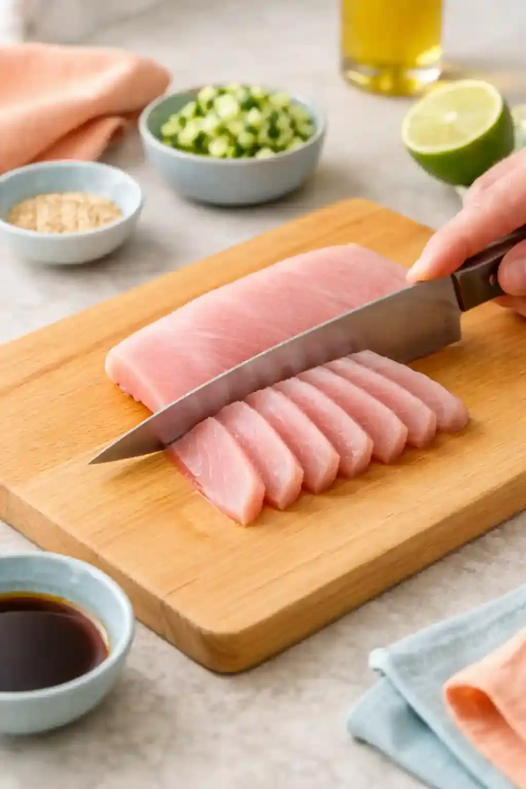 Slicing hamachi for crudo Sashimi-grade hamachi being sliced thinly on a cutting board with a sharp knife