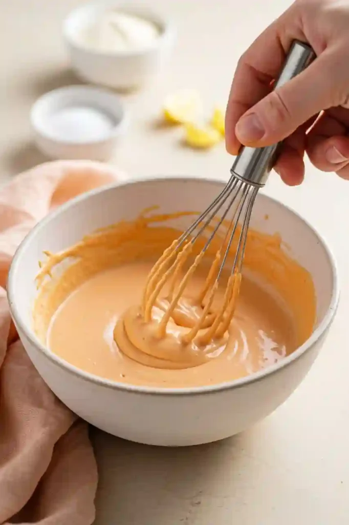 Hand mixing Bang Bang Sauce in a white ceramic bowl