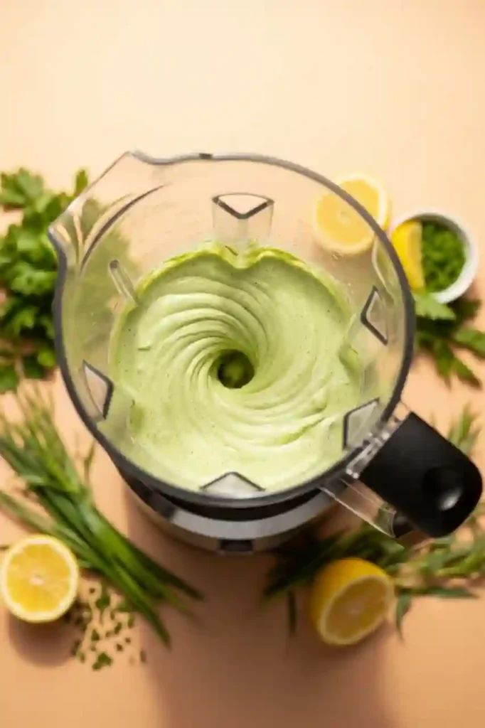 Blender mixing green goddess dressing on peach background