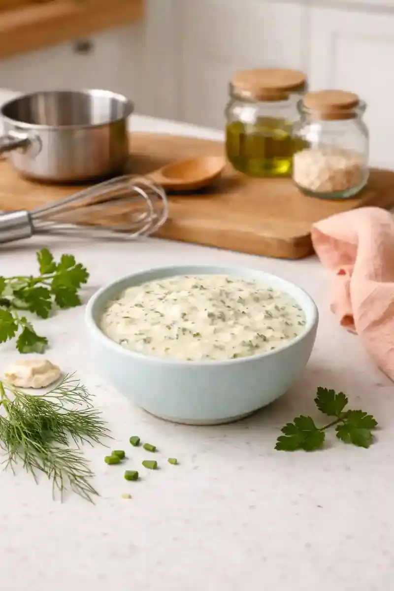 Creamy Herb Sauce for Homemade Sauces Guide homemade sauces guide creamy herb sauce in a blue ceramic bowl