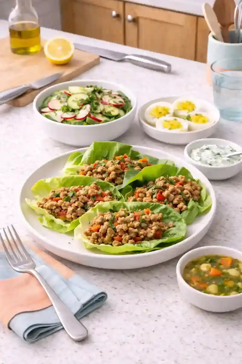 Easy Low Calorie Lunch Ideas Easy low calorie lunch with turkey lettuce wraps, cucumber salad, boiled eggs, and light dressing