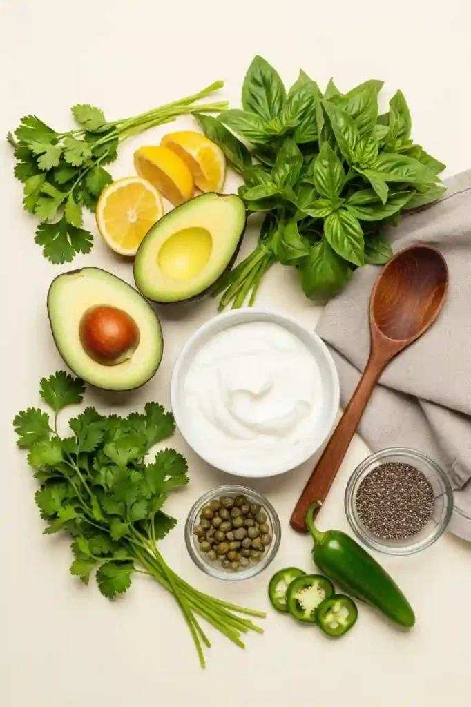 Fresh ingredients for green goddess dressing recipe on cream background