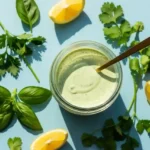 Glass jar of green goddess dressing with spoon and fresh herbs on pastel blue background