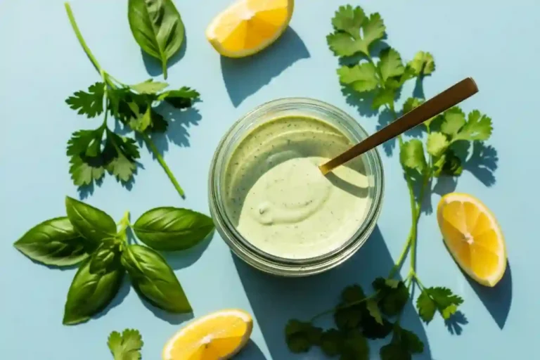 Glass jar of green goddess dressing with spoon and fresh herbs on pastel blue background