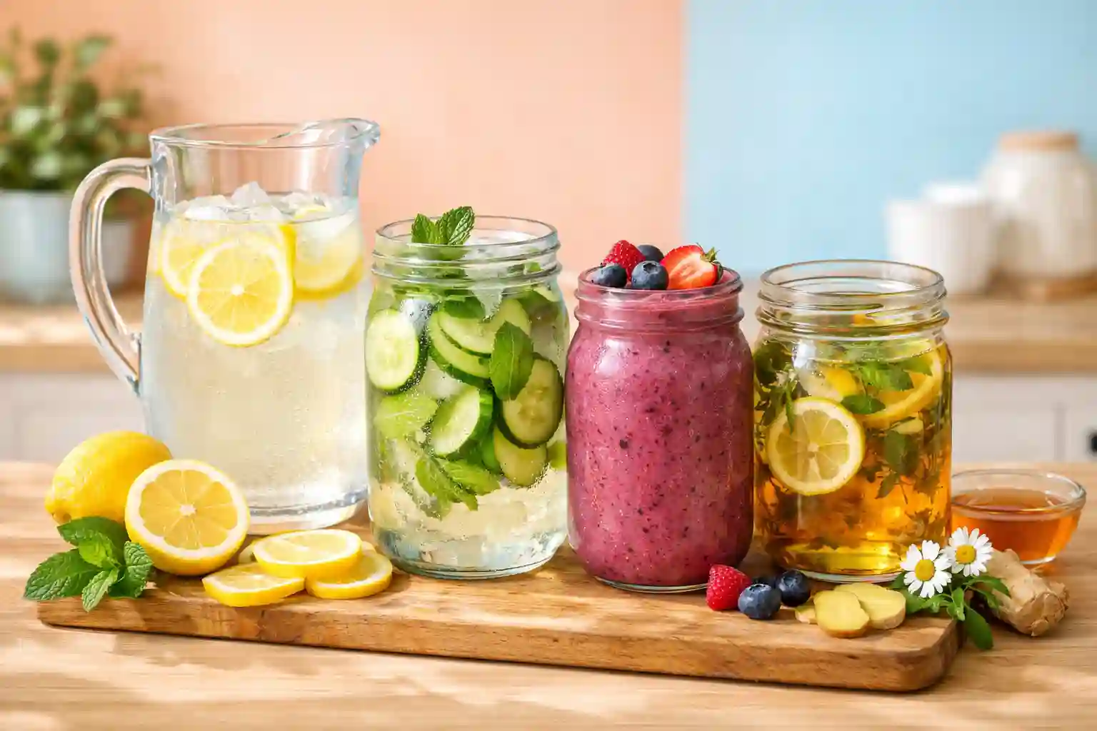 homemade weight loss drinks including lemon water infused water smoothie and herbal tea