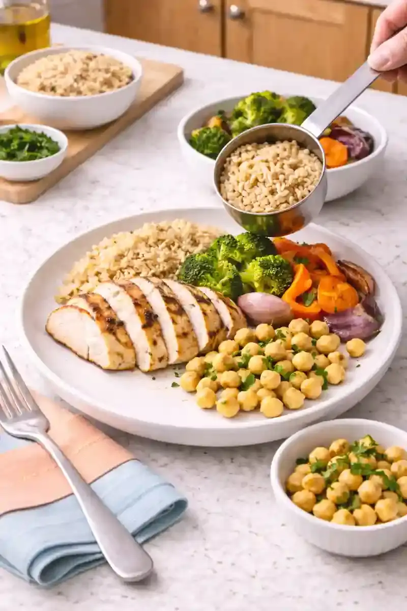 How to Build a Balanced Low Calorie Meal Balanced low calorie plate with chicken, roasted vegetables, chickpeas, and a measured portion of brown rice