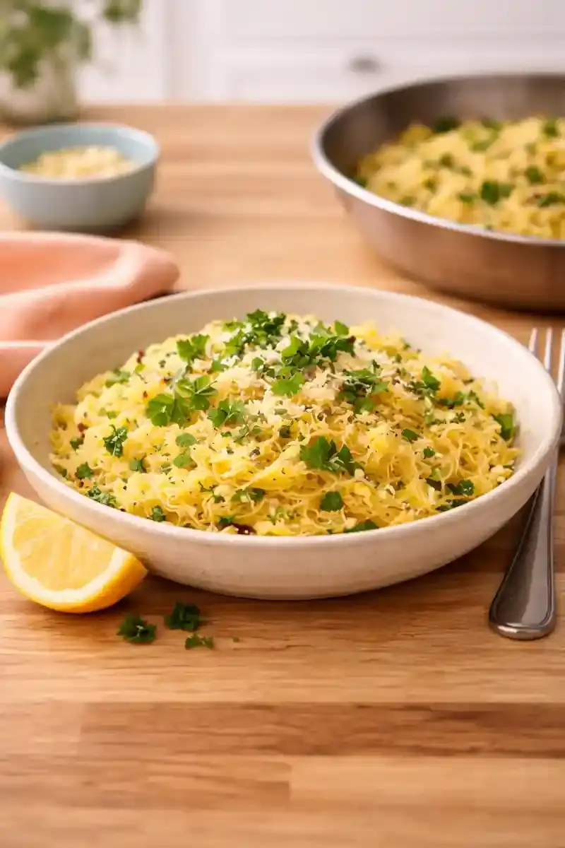 How to Get Spaghetti Squash Strands Roasted spaghetti squash being scraped into long strands with a fork