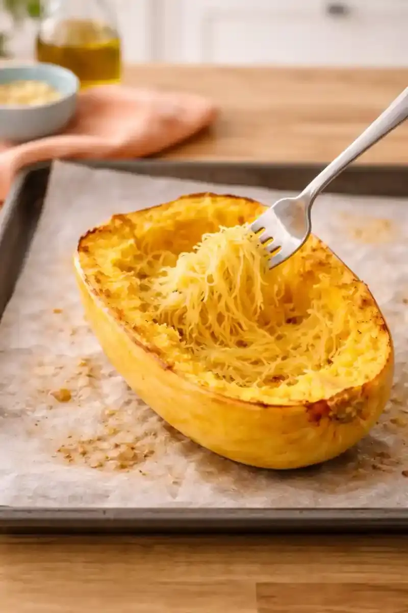 How to Roast Spaghetti Squash Halved spaghetti squash on a baking sheet ready to roast