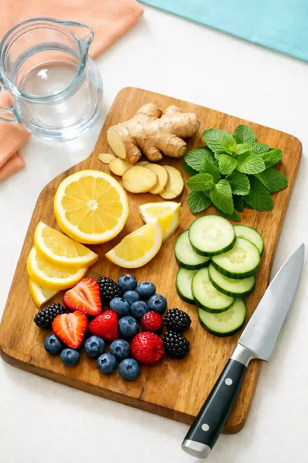 ingredients for homemade weight loss drinks lemon ginger mint cucumber and berries