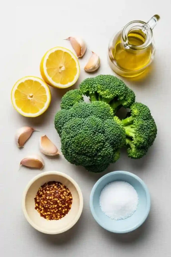 Fresh broccoli, lemon, garlic, olive oil, and spices arranged on a pastel background