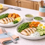 Low calorie meal planning scene with balanced lunch, dinner, and light sauces in a bright home kitchen