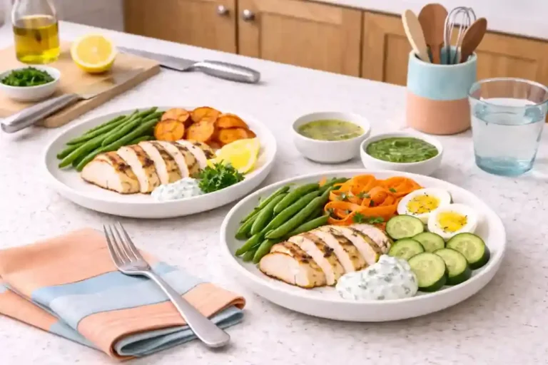 Low calorie meal planning scene with balanced lunch, dinner, and light sauces in a bright home kitchen
