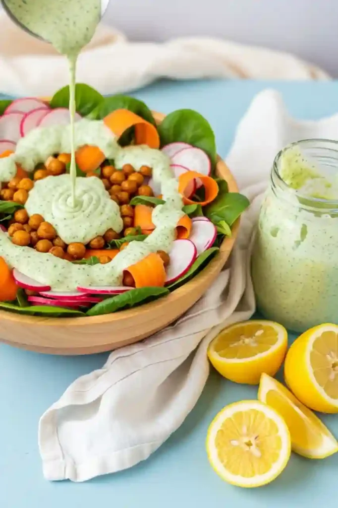 Salad topped with green goddess dressing beside dressing jar