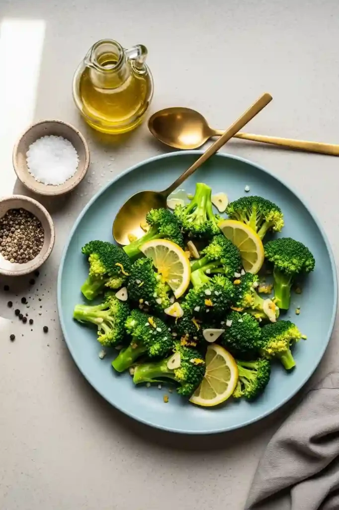 Plated steamed broccoli ready to serve with garlic lemon dressing