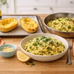 Bowl of roasted spaghetti squash with garlic, lemon, herbs, and parsley