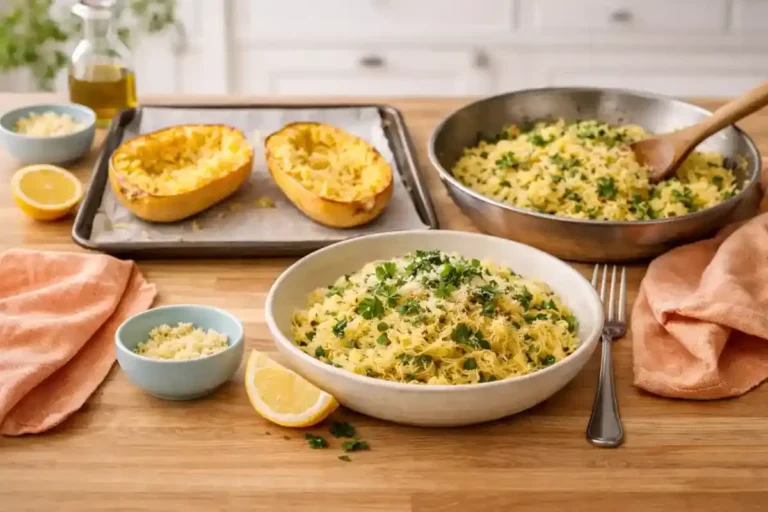 Bowl of roasted spaghetti squash with garlic, lemon, herbs, and parsley