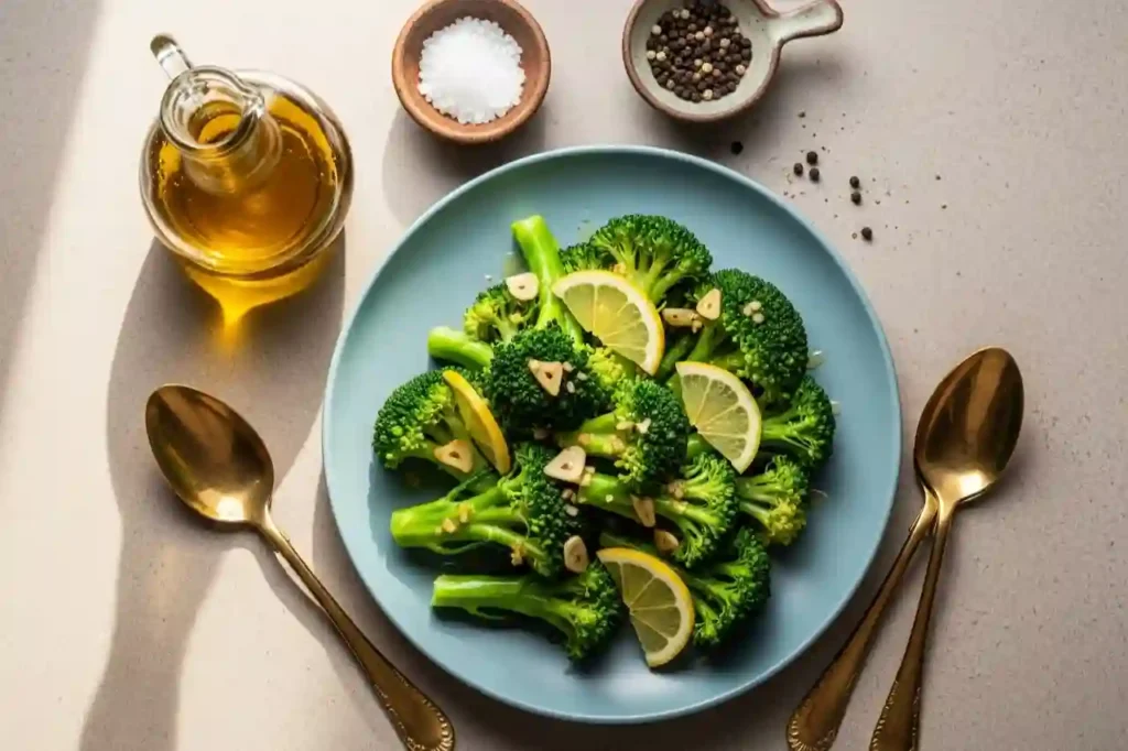 Plate of steamed broccoli with lemon, garlic, and gold cutlery on a neutral background