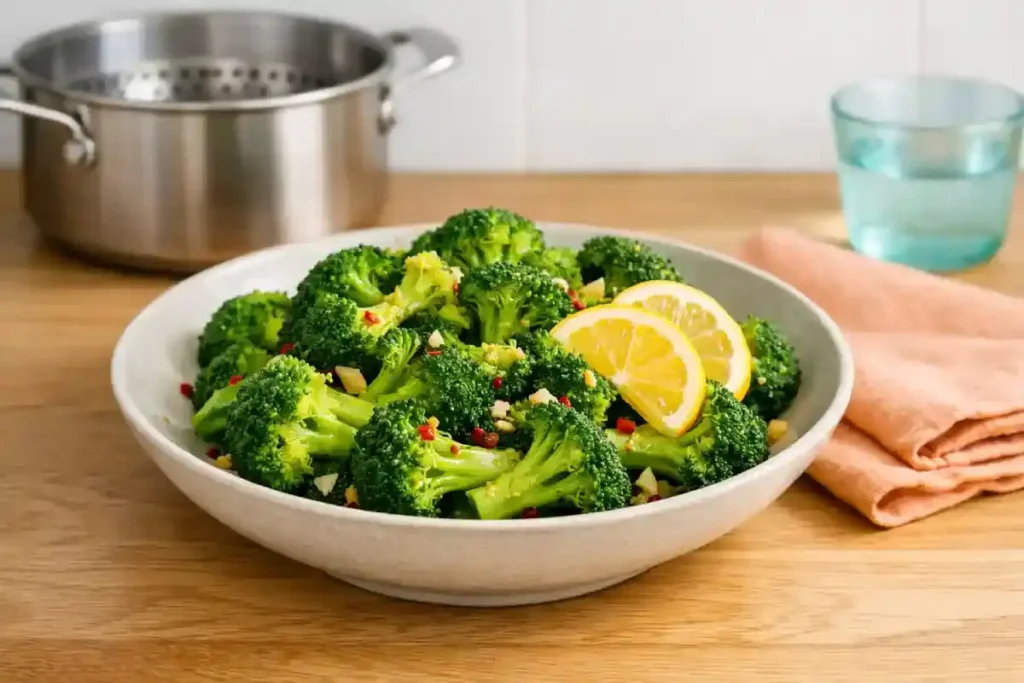 Plate of steamed broccoli with lemon, garlic, and gold cutlery on a neutral background