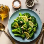 Plate of steamed broccoli with lemon, garlic, and gold cutlery on a neutral background