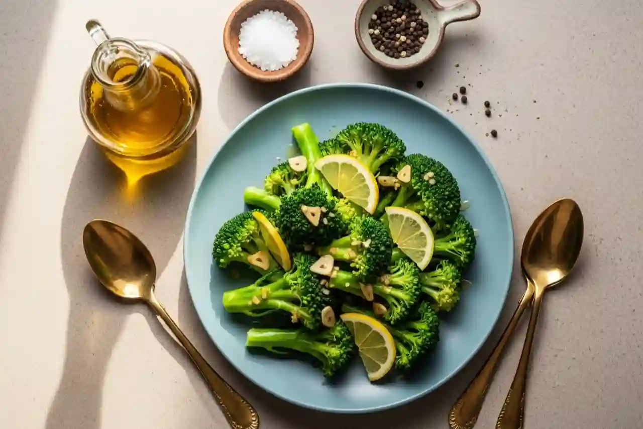 Plate of steamed broccoli with lemon, garlic, and gold cutlery on a neutral background