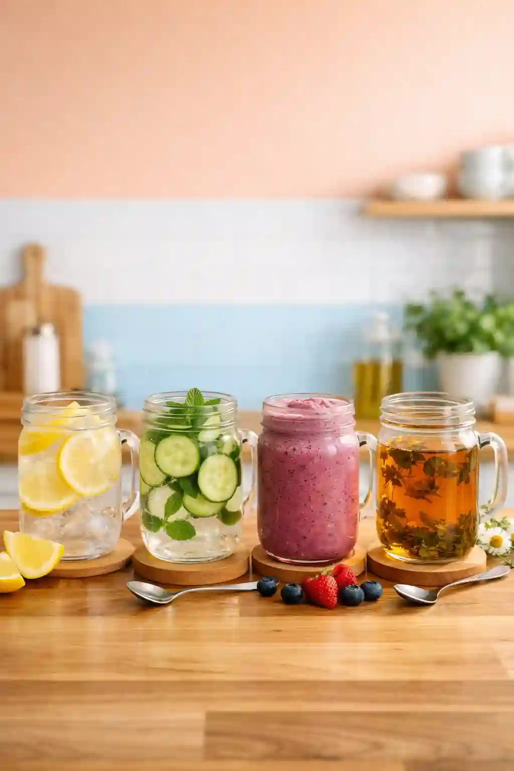 different types of homemade weight loss drinks lemon water infused water smoothie and herbal tea