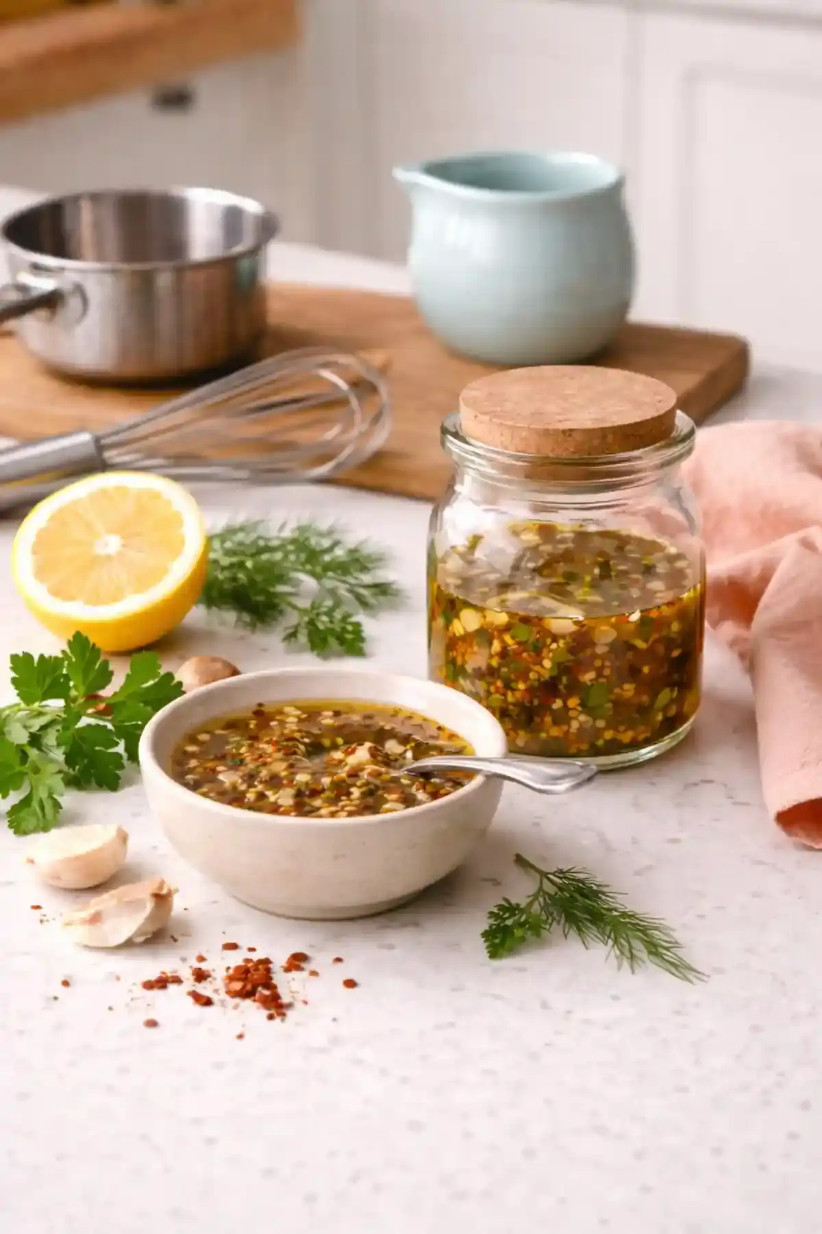 Vinaigrette for Homemade Sauces Guide homemade sauces guide vinaigrette in a glass jar with lemon and herbs