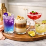 Selection of viral drinks styled together in a bright modern home kitchen
