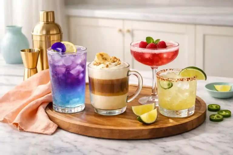 Selection of viral drinks styled together in a bright modern home kitchen