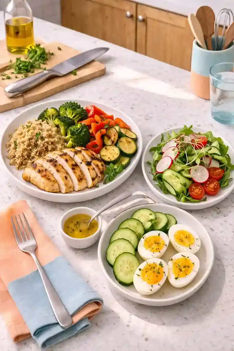 What Counts as a Low Calorie Recipe Three practical low calorie meal portions showing balanced plate size, light side, and simple sauce