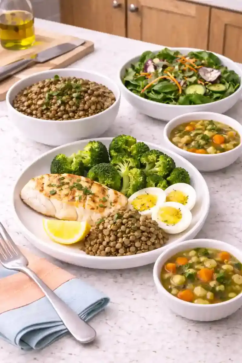 Which Low Calorie Meals Feel Filling Filling low calorie meal ingredients including fish, lentils, broccoli, leafy greens, eggs, and vegetable soup