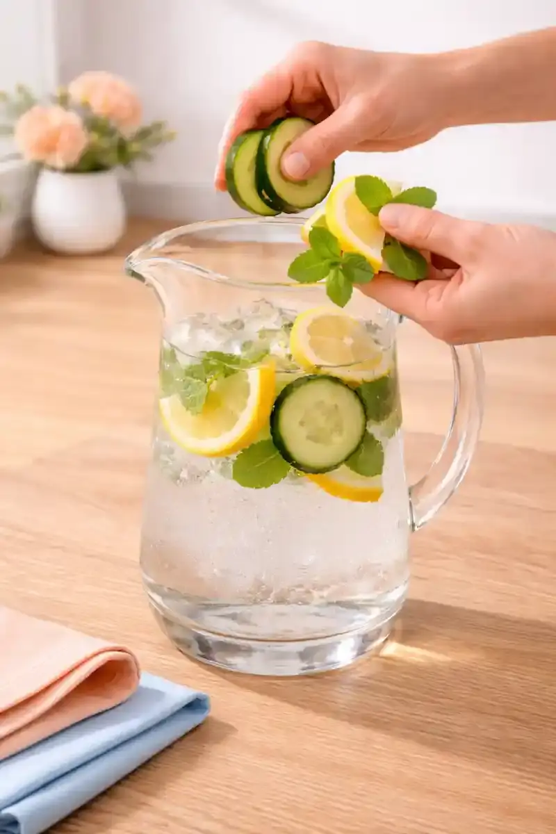 adding cucumber lemon and mint into pitcher for infused water
