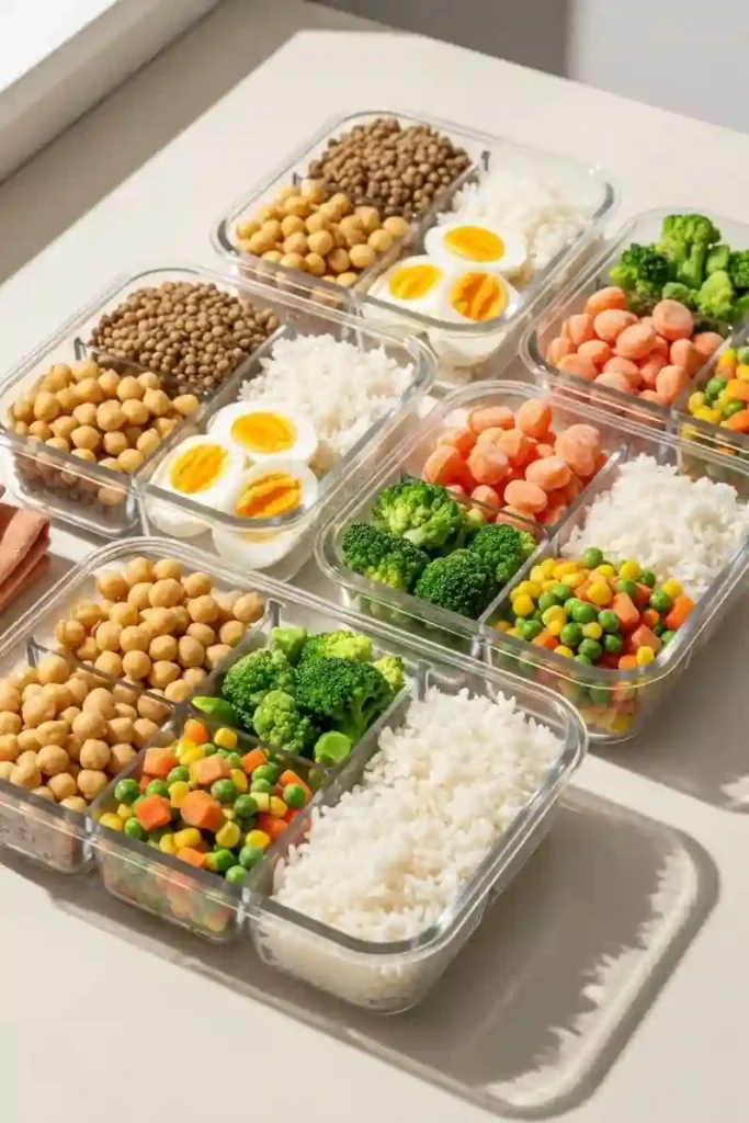 Glass containers with budget-friendly low calorie foods: lentils, white rice, hard-boiled eggs, chickpeas, and stir-fried frozen vegetables on a soft beige background.