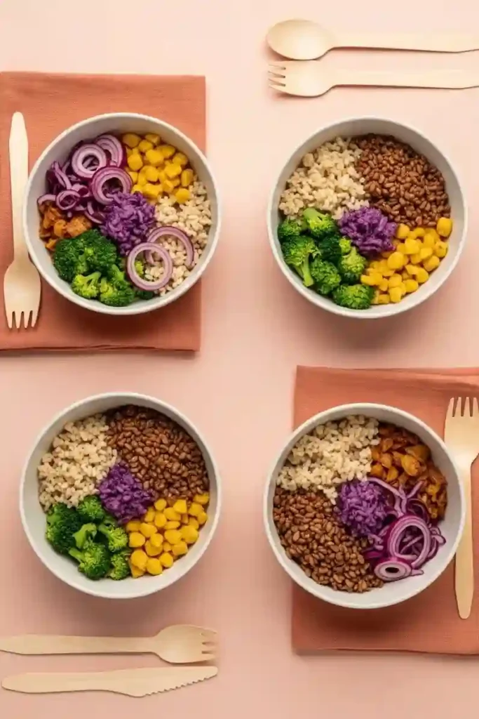 Four healthy low calorie grain bowls with brown rice, lentils, corn, broccoli, cabbage, and red onions on pink background