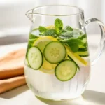 Glass pitcher of cucumber mint water for weight loss on peach and cream background