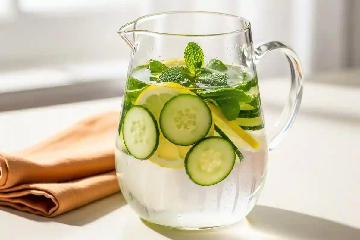 Glass pitcher of cucumber mint water for weight loss on peach and cream background