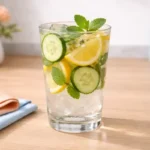 cucumber mint water in a glass with lemon and mint for daily hydration