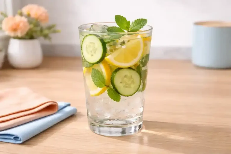 cucumber mint water in a glass with lemon and mint for daily hydration