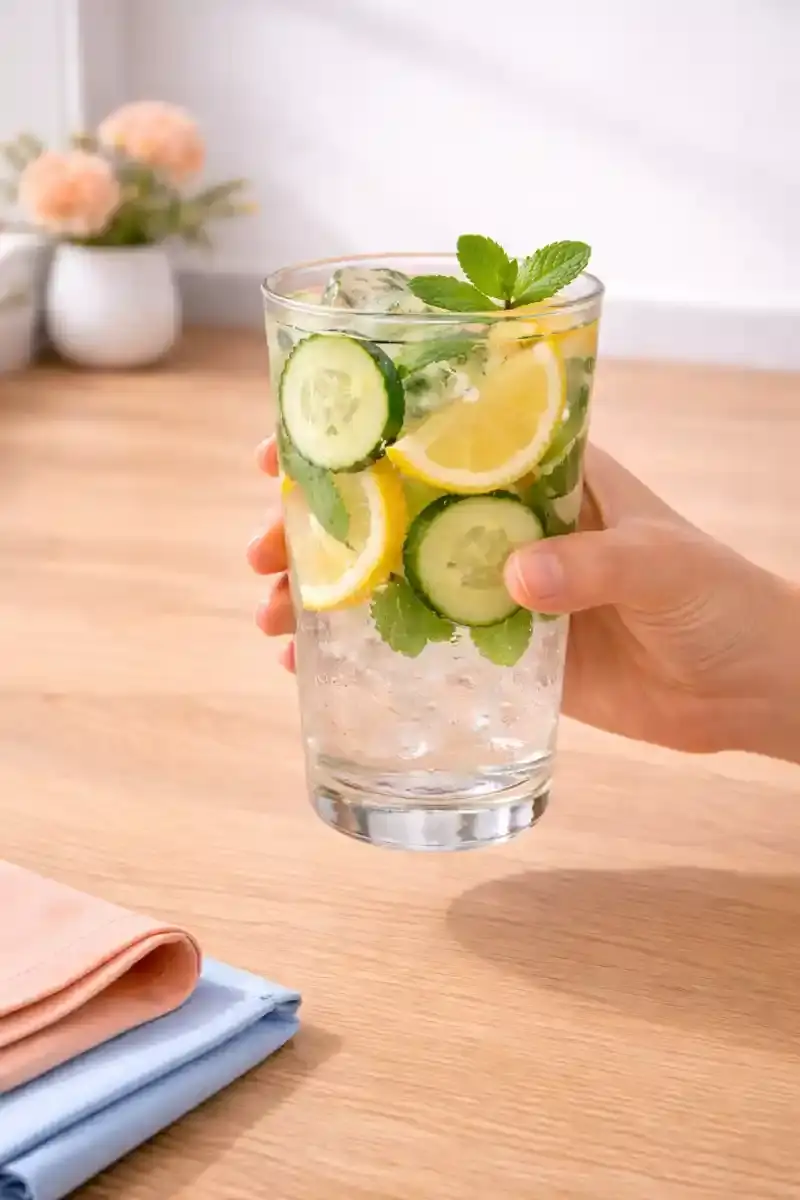 drinking cucumber mint water in kitchen daily hydration